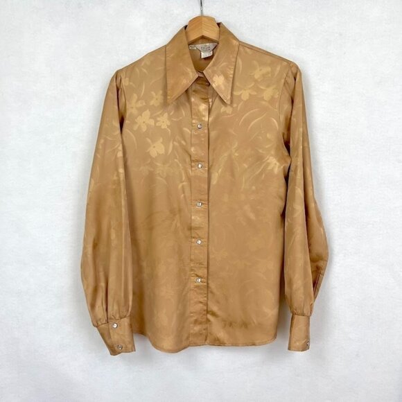 Prior Westerns Tops - Prior Westerns Vintage Pearl Snap Shirt Floral Grandma Core Shiny 70s Gold L